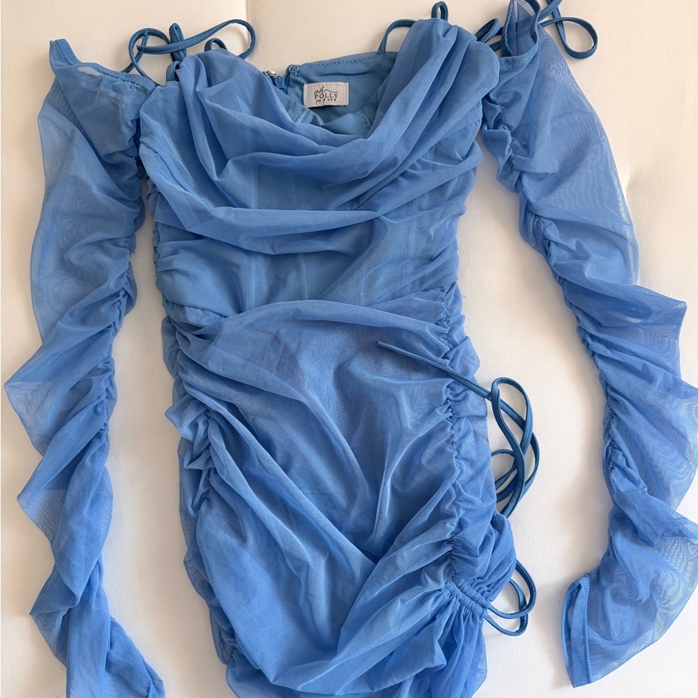 Oh Polly Blue Ruched Off-Shoulder Dress